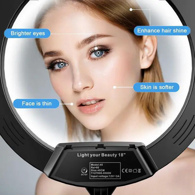 Alt view image 2 of 7 - 18+10 Ring Light, 2PCS Led Ring Light Kit for iPhone with Tripod Stand and 3 Phone Holders, Adjustable 2700-6500K, Selfie Ring Light with Remote for TikTok, YouTube, Camera, Video, Live Stream