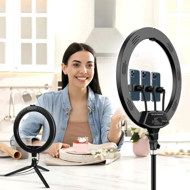 Alt view image 3 of 7 - 18+10 Ring Light, 2PCS Led Ring Light Kit for iPhone with Tripod Stand and 3 Phone Holders, Adjustable 2700-6500K, Selfie Ring Light with Remote for TikTok, YouTube, Camera, Video, Live Stream