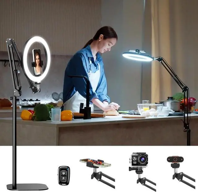 Main image of Latest Ring Light with Stand Tripod for iPhone, Overhead Phone Camera Mount with Ring Light and Phone Holder Stand for Recording, 10 Desk Ring Light for Video,Streaming,Photography, Tiktok, YouTube