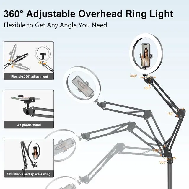 Alt view image 5 of 6 - Latest Ring Light with Stand Tripod for iPhone, Overhead Phone Camera Mount with Ring Light and Phone Holder Stand for Recording, 10 Desk Ring Light for Video,Streaming,Photography, Tiktok, YouTube