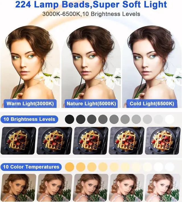 Alt view image 2 of 7 - Selfie Ring Light with 63" Tripod Stand/Phone Holder, QEUOOIY 20W LED Circle Lights Dimmable 3000-6500K with Remote Control and Built-in Rechargeable Battery for Vlog, Makeup, YouTube, Camera