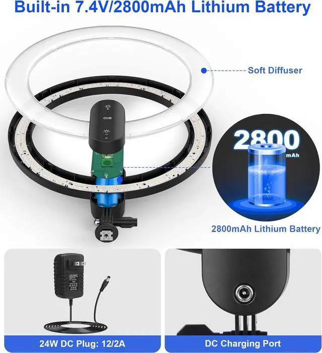 Alt view image 4 of 7 - Selfie Ring Light with 63" Tripod Stand/Phone Holder, QEUOOIY 20W LED Circle Lights Dimmable 3000-6500K with Remote Control and Built-in Rechargeable Battery for Vlog, Makeup, YouTube, Camera