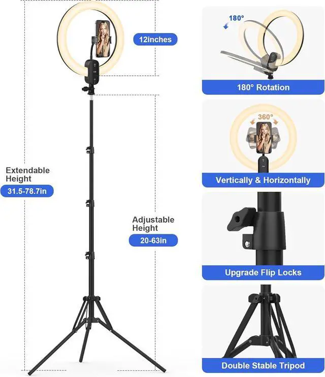 Alt view image 5 of 7 - Selfie Ring Light with 63" Tripod Stand/Phone Holder, QEUOOIY 20W LED Circle Lights Dimmable 3000-6500K with Remote Control and Built-in Rechargeable Battery for Vlog, Makeup, YouTube, Camera