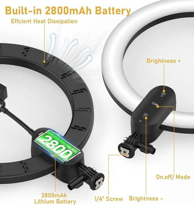 Alt view image 2 of 7 - 12 inch Ring Light 2800mAh Rechargeable, LED Circle Selfie Ringlight Cordless with 63" Tripod Stand/Phone Holder/Remote for Live Stream/Makeup/Video Recording/Tiktok/YouTube/Podcasting/Vlogging