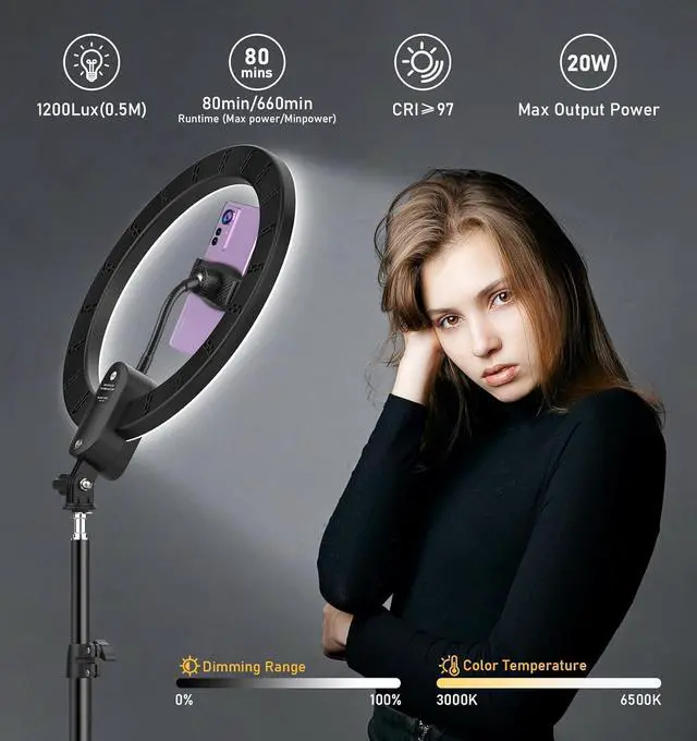 Alt view image 3 of 7 - 12 inch Ring Light 2800mAh Rechargeable, LED Circle Selfie Ringlight Cordless with 63" Tripod Stand/Phone Holder/Remote for Live Stream/Makeup/Video Recording/Tiktok/YouTube/Podcasting/Vlogging