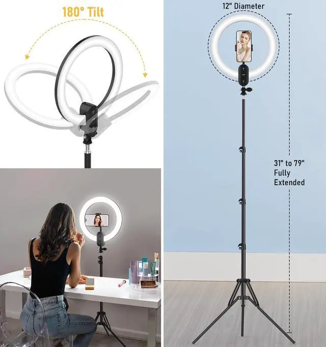 Alt view image 6 of 7 - 12 inch Ring Light 2800mAh Rechargeable, LED Circle Selfie Ringlight Cordless with 63" Tripod Stand/Phone Holder/Remote for Live Stream/Makeup/Video Recording/Tiktok/YouTube/Podcasting/Vlogging