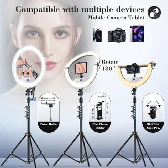 Alt view image 2 of 5 - Ring Light with Stand,Large Ring Light for iPhone/iPad with 71" Tripod/LCD Display/5 Clips/2 USB Ports, 2600K-6500K Color Temperature, for YouTube Facebook Live TikTok Video Recording Vlog