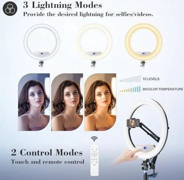 Alt view image 3 of 5 - Ring Light with Stand,Large Ring Light for iPhone/iPad with 71" Tripod/LCD Display/5 Clips/2 USB Ports, 2600K-6500K Color Temperature, for YouTube Facebook Live TikTok Video Recording Vlog