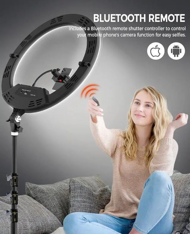 Alt view image 3 of 7 - Ring Light with Stand, 5600K Foldable LED Large Selfie Ring Light Tripod for iPhone Ipad, 75" Tall Tripod Touch Screen, Wireless Remote for YouTube, TikTok Video Shooting