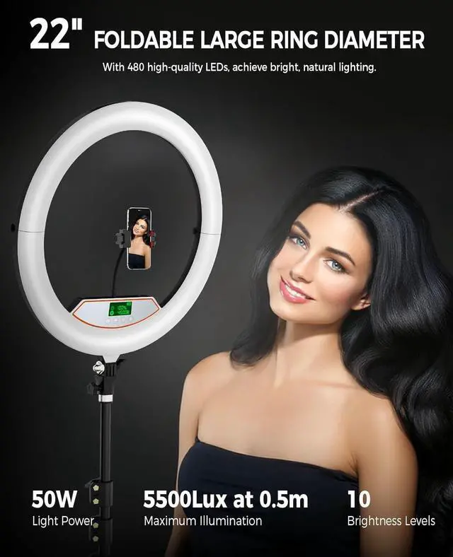 Alt view image 4 of 7 - Ring Light with Stand, 5600K Foldable LED Large Selfie Ring Light Tripod for iPhone Ipad, 75" Tall Tripod Touch Screen, Wireless Remote for YouTube, TikTok Video Shooting
