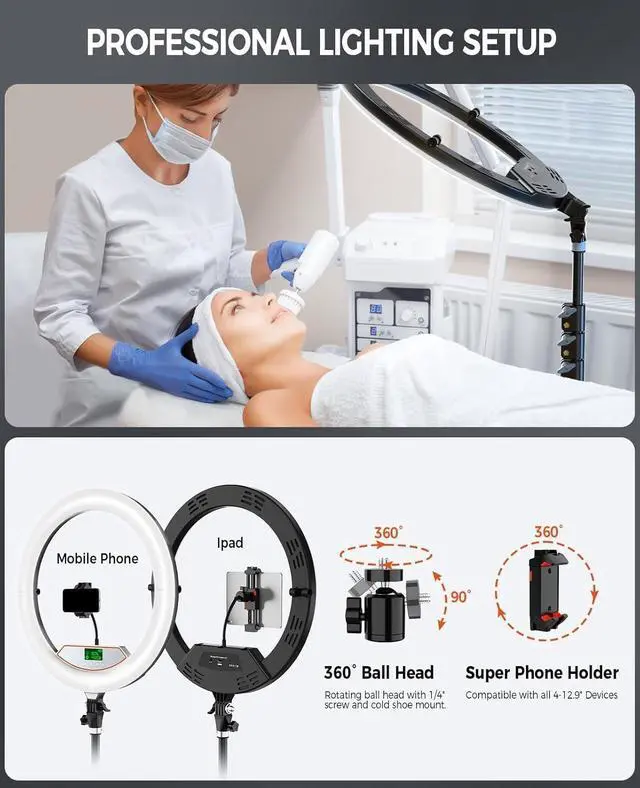 Alt view image 5 of 7 - Ring Light with Stand, 5600K Foldable LED Large Selfie Ring Light Tripod for iPhone Ipad, 75" Tall Tripod Touch Screen, Wireless Remote for YouTube, TikTok Video Shooting