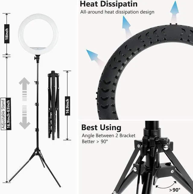 Alt view image 2 of 7 - Ring Light - 18 inch 48W Dimmable LED Ring Light Kit with Stand Adjustable 3200-6500 K Color Temperature Lighting for Vlog, Makeup, YouTube, Photo,Camera,Video - Control with Remote