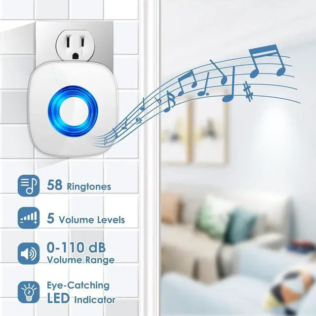 Alt view image 3 of 7 - Wireless Doorbell, PHYSEN Waterproof Door bell Chime Kit Operating at 1300-ft Range 58 Adjustable Melodies 5 Volume Levels & LED Flash, Doorbell Alarm for Home/Classroom, 2 Push Buttons+4 Receivers