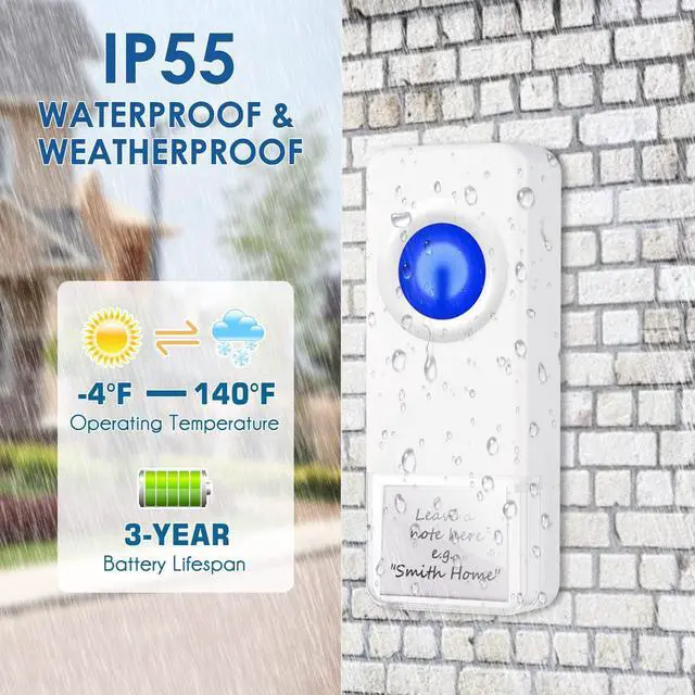 Alt view image 5 of 7 - Wireless Doorbell, PHYSEN Waterproof Door bell Chime Kit Operating at 1300-ft Range 58 Adjustable Melodies 5 Volume Levels & LED Flash, Doorbell Alarm for Home/Classroom, 2 Push Buttons+4 Receivers