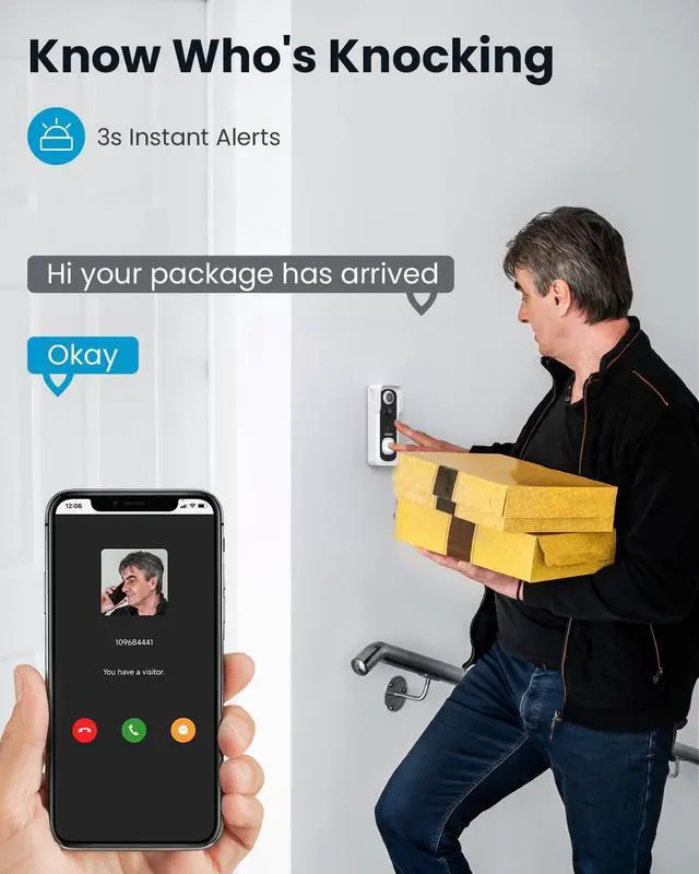 Alt view image 4 of 7 - Doorbell Camera Wireless No Subscription - Wireless Video Doorbell with Chime, Doorbell with Camera 1080P FHD, Voice Changer, 2-Way Audio, PIR Motion Detection, 2.4Ghz WiFi, Works with Alexa