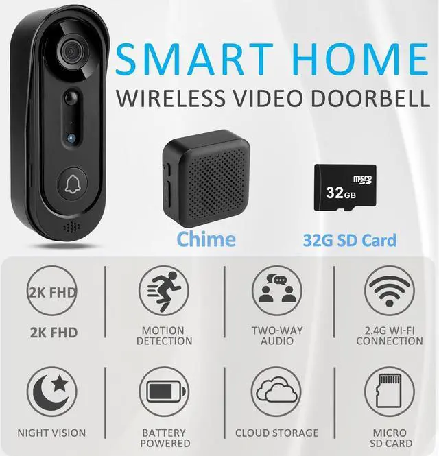 Alt view image 2 of 7 - Camera Wireless - 2K HD Wireless Video Doorbell with Chime,Doorbell with Camera No Subscription with 32G SD Card/2 Way Audio/Night Vision/2.4G WiFi/Motion Alerts Via APP/Cloud Storage