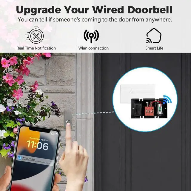 Alt view image 2 of 7 - Smart Doorbell Extender with Receiver Connects to Existing Hardwired Doorbell into Wireless Door Bell with 656 FT Range, 58 Chimes and 5 Volume Levels for Garage/Basement