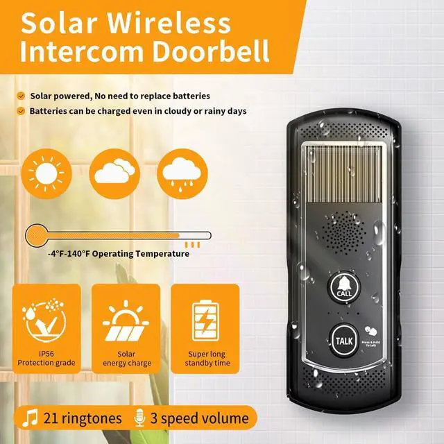 Alt view image 3 of 7 - Wireless Doorbell,Two-way Intercom Doorbell Solar Powered and Rechargeable Battery,4900ft Range,3 Volume Levels,Waterproof,Intercom for Home, Business,Classroom Use