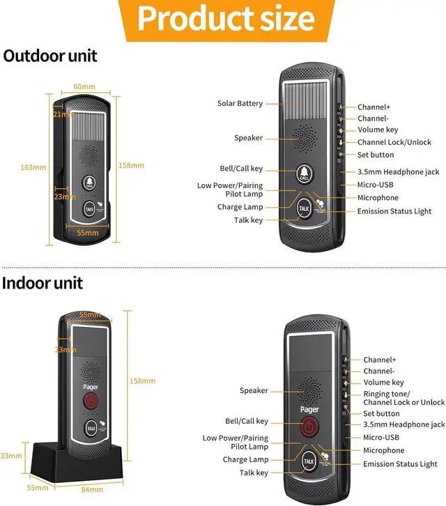 Alt view image 6 of 7 - Wireless Doorbell,Two-way Intercom Doorbell Solar Powered and Rechargeable Battery,4900ft Range,3 Volume Levels,Waterproof,Intercom for Home, Business,Classroom Use