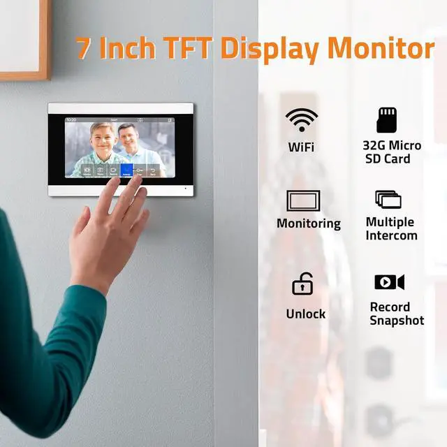 Alt view image 4 of 7 - Wireless Video Doorbell Intercom with Monitor System, WiFi Video Intercom 1080P HD Metal Camera, 7 Inch Monitor with 32G Card Record, Tuya APP, 2-Way Audio, Unlock for Home Security System