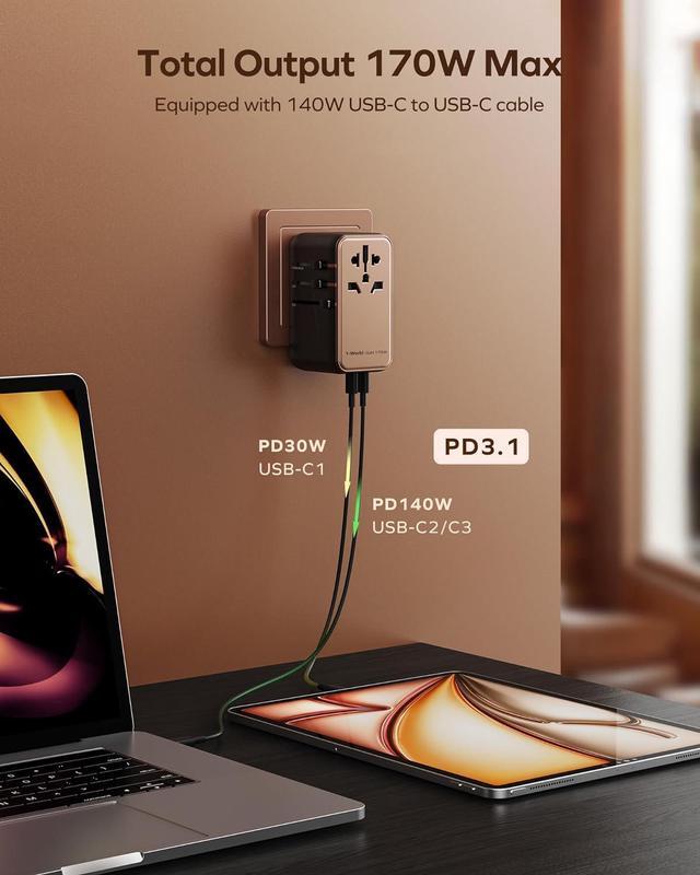 Alt view image 2 of 7 - Universal Travel Adapter, 170W GaN International Power Adapter, 2 USB-C 2 USB-A, Worldwide Travel Plug Adapter, International Power Adapter for Most Europe, USA, Japan, Australia (Type C/A/G/I)