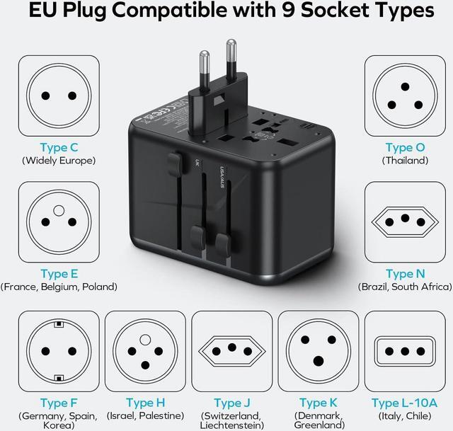 Alt view image 6 of 7 - Universal Travel Adapter, 170W GaN International Power Adapter, 2 USB-C 2 USB-A, Worldwide Travel Plug Adapter, International Power Adapter for Most Europe, USA, Japan, Australia (Type C/A/G/I)
