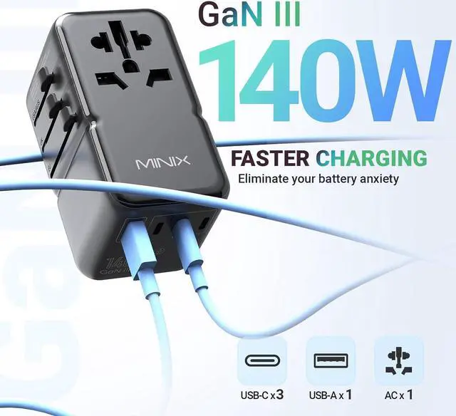 Alt view image 4 of 7 - TP140 Universal Travel Adapter with 140W PD Ports GaN Technology International AC Socket with 1 USB-A and 3 USB-C Port,Worldwide Adapter with Fast Charger PD3.1, QC4+