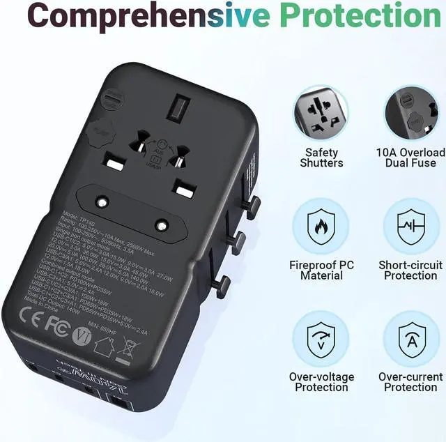 Alt view image 7 of 7 - TP140 Universal Travel Adapter with 140W PD Ports GaN Technology International AC Socket with 1 USB-A and 3 USB-C Port,Worldwide Adapter with Fast Charger PD3.1, QC4+