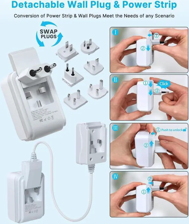 Alt view image 2 of 6 - Universal Travel Adapter Kit, 5ft Detachable Extension Cord with 2 AC Outlets & 3 USB(2 USB C), Type A/C/G/D/I/M International Power Adaptor for US to Europe UK India South Africa Japan