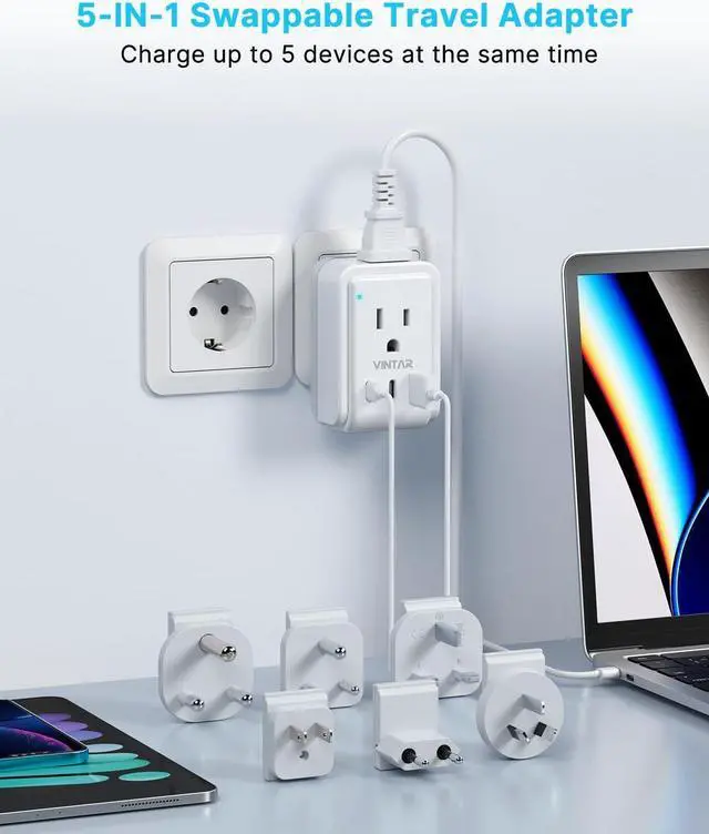 Alt view image 3 of 6 - Universal Travel Adapter Kit, 5ft Detachable Extension Cord with 2 AC Outlets & 3 USB(2 USB C), Type A/C/G/D/I/M International Power Adaptor for US to Europe UK India South Africa Japan