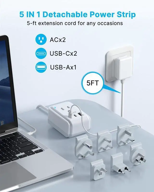 Alt view image 4 of 6 - Universal Travel Adapter Kit, 5ft Detachable Extension Cord with 2 AC Outlets & 3 USB(2 USB C), Type A/C/G/D/I/M International Power Adaptor for US to Europe UK India South Africa Japan