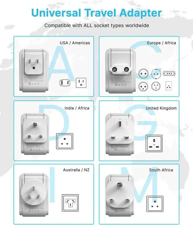 Alt view image 5 of 6 - Universal Travel Adapter Kit, 5ft Detachable Extension Cord with 2 AC Outlets & 3 USB(2 USB C), Type A/C/G/D/I/M International Power Adaptor for US to Europe UK India South Africa Japan