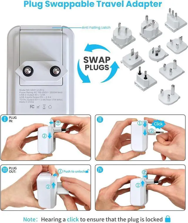 Alt view image 5 of 6 - Universal Travel Adapter Kit, International Power Adapter with 3 USB Ports (2 USB C, 3.4A) and 2 AC, Type A,C,D,E/F,G,H,I,L,M Detachable Attachments, Adapter for India/Africa/EU/UK//AU/JP/US