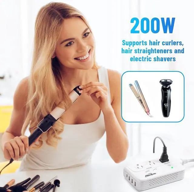 Alt view image 3 of 6 - 2000W Universal Travel Adapter for Hair Dryer & 200W Voltage Converter 220V to 110V for Curling Iron, Straightener with 3 AC Outlets and 4 USB Ports Power Convetrer