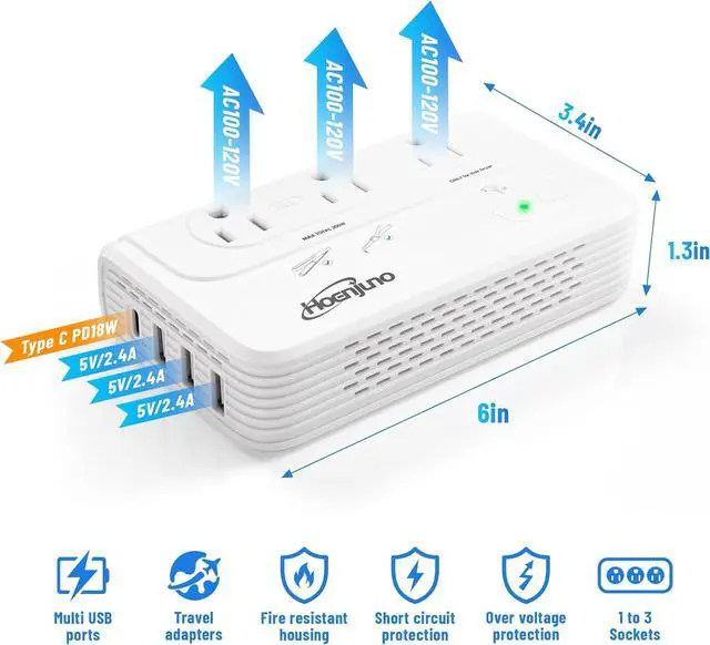 Alt view image 4 of 6 - 2000W Universal Travel Adapter for Hair Dryer & 200W Voltage Converter 220V to 110V for Curling Iron, Straightener with 3 AC Outlets and 4 USB Ports Power Convetrer