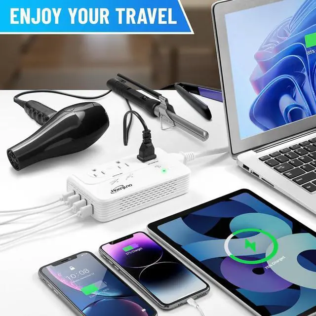 Alt view image 6 of 6 - 2000W Universal Travel Adapter for Hair Dryer & 200W Voltage Converter 220V to 110V for Curling Iron, Straightener with 3 AC Outlets and 4 USB Ports Power Convetrer