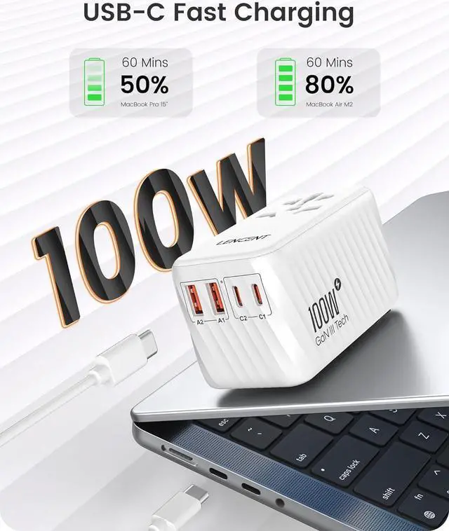 Alt view image 2 of 7 - Universal Travel Adapter, 100W GaN International Fast Charger with 2 PD3.0 Type C+2 QC USB A, Worldwide Power Adaptor for Phones,Laptops, All in One Travel Essentials for EU/USA/UK/AU, White