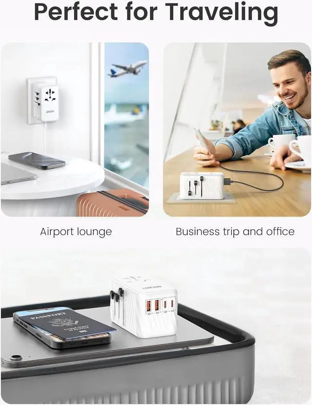 Alt view image 7 of 7 - Universal Travel Adapter, 100W GaN International Fast Charger with 2 PD3.0 Type C+2 QC USB A, Worldwide Power Adaptor for Phones,Laptops, All in One Travel Essentials for EU/USA/UK/AU, White