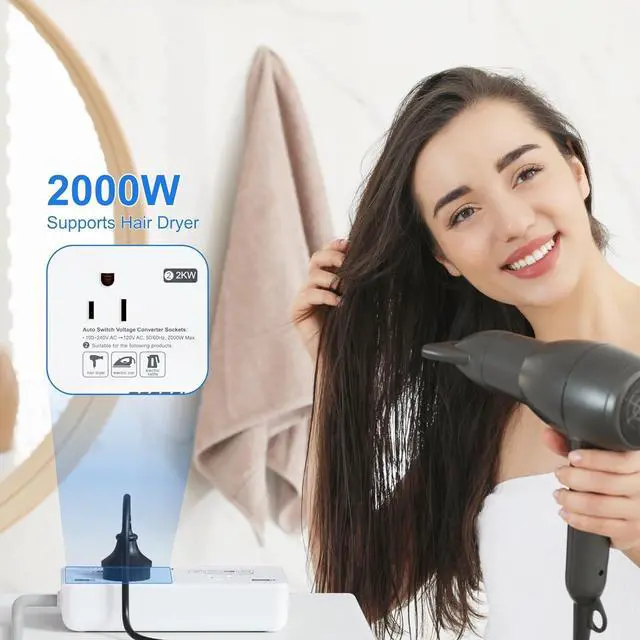 Alt view image 6 of 7 - 2000W Voltage Converter 220V to 110V International Universal Voltage Converter US to Europe Travel Adapter with 2 AC Outlets and 3 USB Ports(2 PD35W), for Hair Dryer Straightener