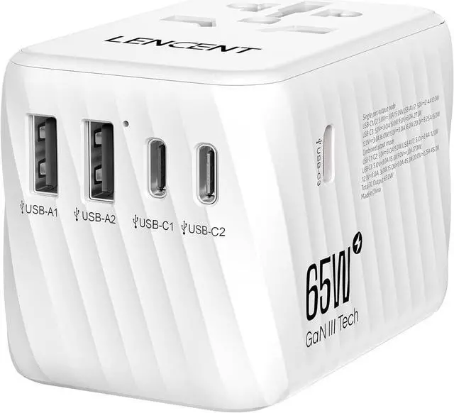 Main image of International Travel Adapter, 65W GaN3 Universal Fast Charger with 2 USB A + 3 Type C PD, Worldwide Power Adaptor for Phones,Laptops, All in One Travel Essentials for EU/USA/UK/AU, White
