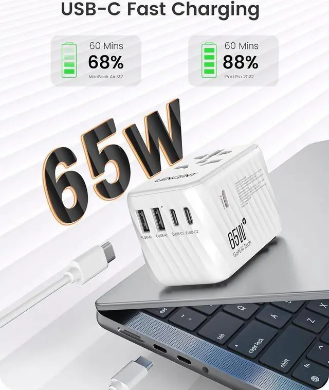 Alt view image 2 of 7 - International Travel Adapter, 65W GaN3 Universal Fast Charger with 2 USB A + 3 Type C PD, Worldwide Power Adaptor for Phones,Laptops, All in One Travel Essentials for EU/USA/UK/AU, White