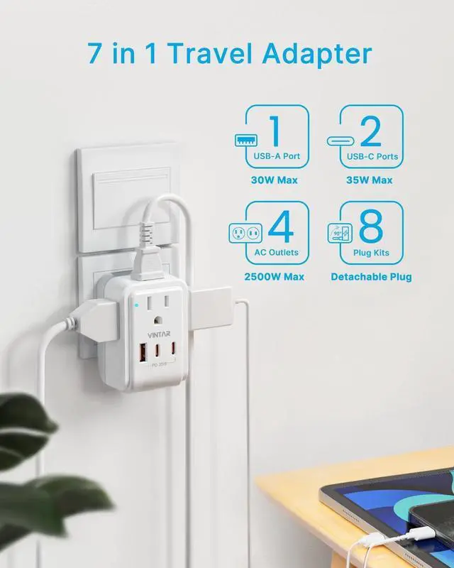 Alt view image 5 of 6 - Universal Travel Adapter Kit, VINTAR PD 35W International Power Adapter with 4 AC 3 USB Ports(2 USB C), Type A,B,C,D,E/F,G,I,M Swap Adapt Attachments, Travel Adapter Worldwide for Europe/Africa/AUS