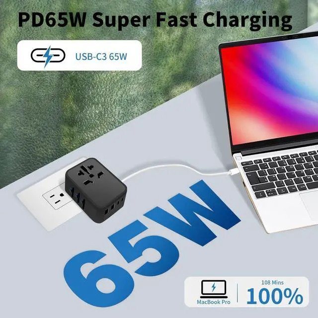 Alt view image 3 of 7 - Universal Travel Adapter, PD 65W GaN Fast-Charging All in One Adapter with 2 USB-C & 2 USB-A Ports, Worldwide AC Outlet for EU/UK/AUS/Ireland Plugs, Essential for Travel, 100-250V, Black