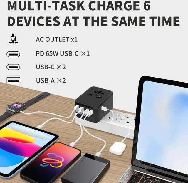 Alt view image 2 of 7 - Universal Travel Adapter, PD 65W GaN Fast-Charging All in One Adapter with 2 USB-C & 2 USB-A Ports, Worldwide AC Outlet for EU/UK/AUS/Ireland Plugs, Essential for Travel, 100-250V, Black