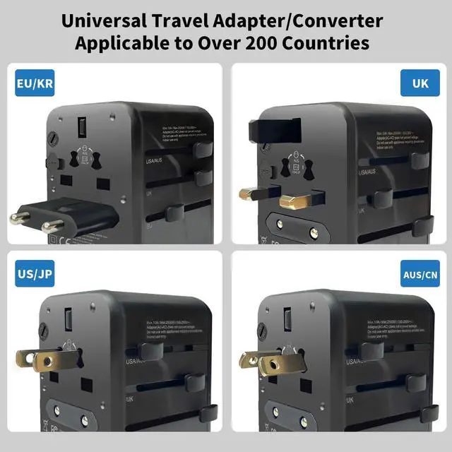 Alt view image 4 of 7 - Universal Travel Adapter, PD 65W GaN Fast-Charging All in One Adapter with 2 USB-C & 2 USB-A Ports, Worldwide AC Outlet for EU/UK/AUS/Ireland Plugs, Essential for Travel, 100-250V, Black