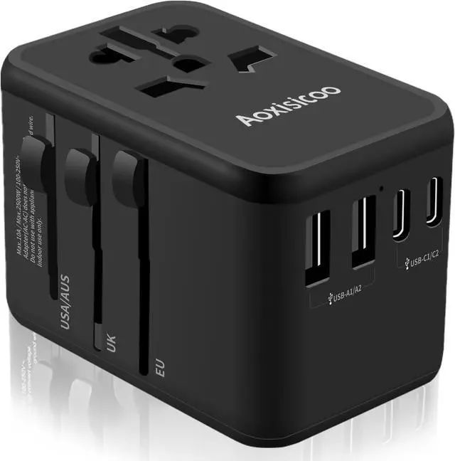 Main image of Universal Travel Adapter, PD 65W GaN Fast-Charging All in One Adapter with 2 USB-C & 2 USB-A Ports, Worldwide AC Outlet for EU/UK/AUS/Ireland Plugs, Essential for Travel, 100-250V, Black