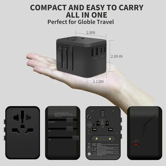 Alt view image 6 of 7 - Universal Travel Adapter, PD 65W GaN Fast-Charging All in One Adapter with 2 USB-C & 2 USB-A Ports, Worldwide AC Outlet for EU/UK/AUS/Ireland Plugs, Essential for Travel, 100-250V, Black