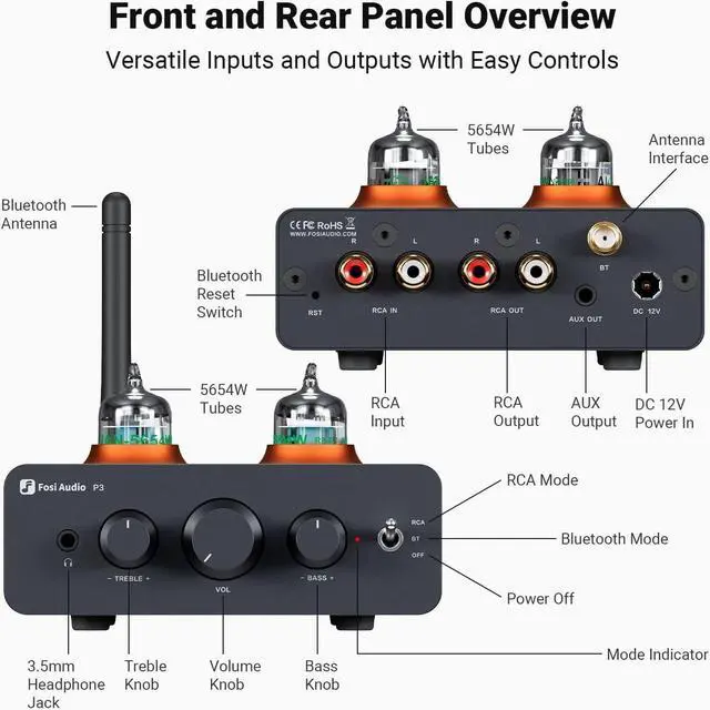 Alt view image 7 of 7 - Audio P3 Tube Preamp Headphone Amplifier Home Audio Preamplifier Mini Vacuum Pre Amp Receiver with Bluetooth aptX LL HD Bass Treble Tone Controls for HiFi Stereo Active Speakers with RCA AUX Jack