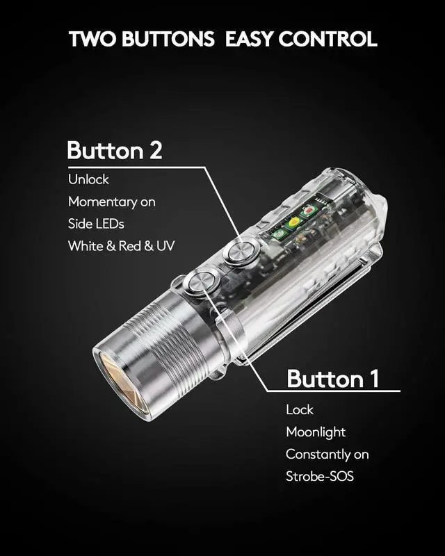 Alt view image 3 of 6 - RovyVon Aurora A28 2nd USB-C EDC Flashlight, 6500K Cool White Max 1000 Lumen, 850mAh Rechargeable Small Flashlight, with Red/White/ 365nm Sidelights, Momentary On, Ideal Flashlight for Camping