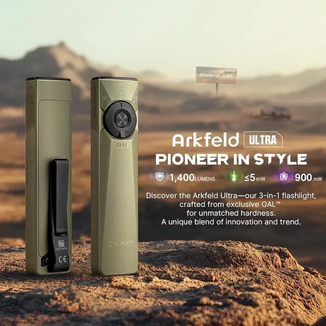 Alt view image 2 of 7 - Arkfeld Ultra 1400 Lumens EDC Flat Flashlight Rechargeable Compact Pocket Flash Light Combines White LED UV and Green Beam Triple Sources Perfect for Checking Working (Olive-Green NW)